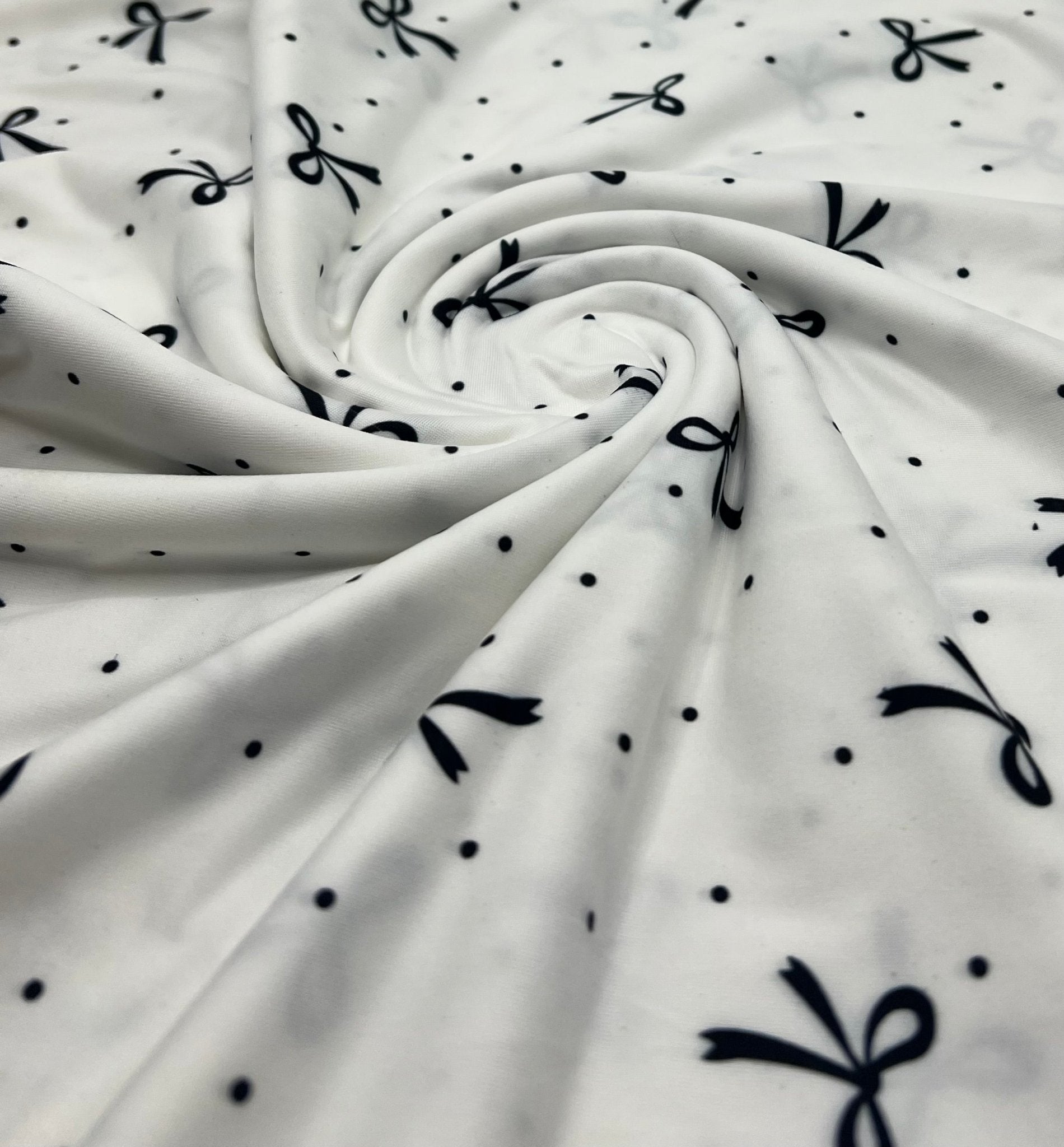 White Black Bow Spot Super Soft Print Spun Poly Stretch Fabric - T9 Fabrics